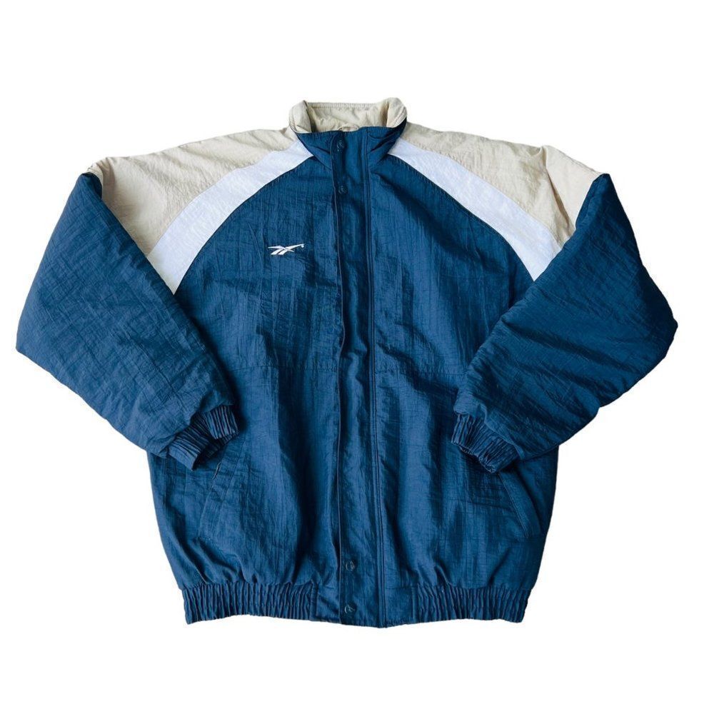 Vintage 90s Reebok Puffer Jacket Navy Blue / Tan / White Men's‎ Medium (M)